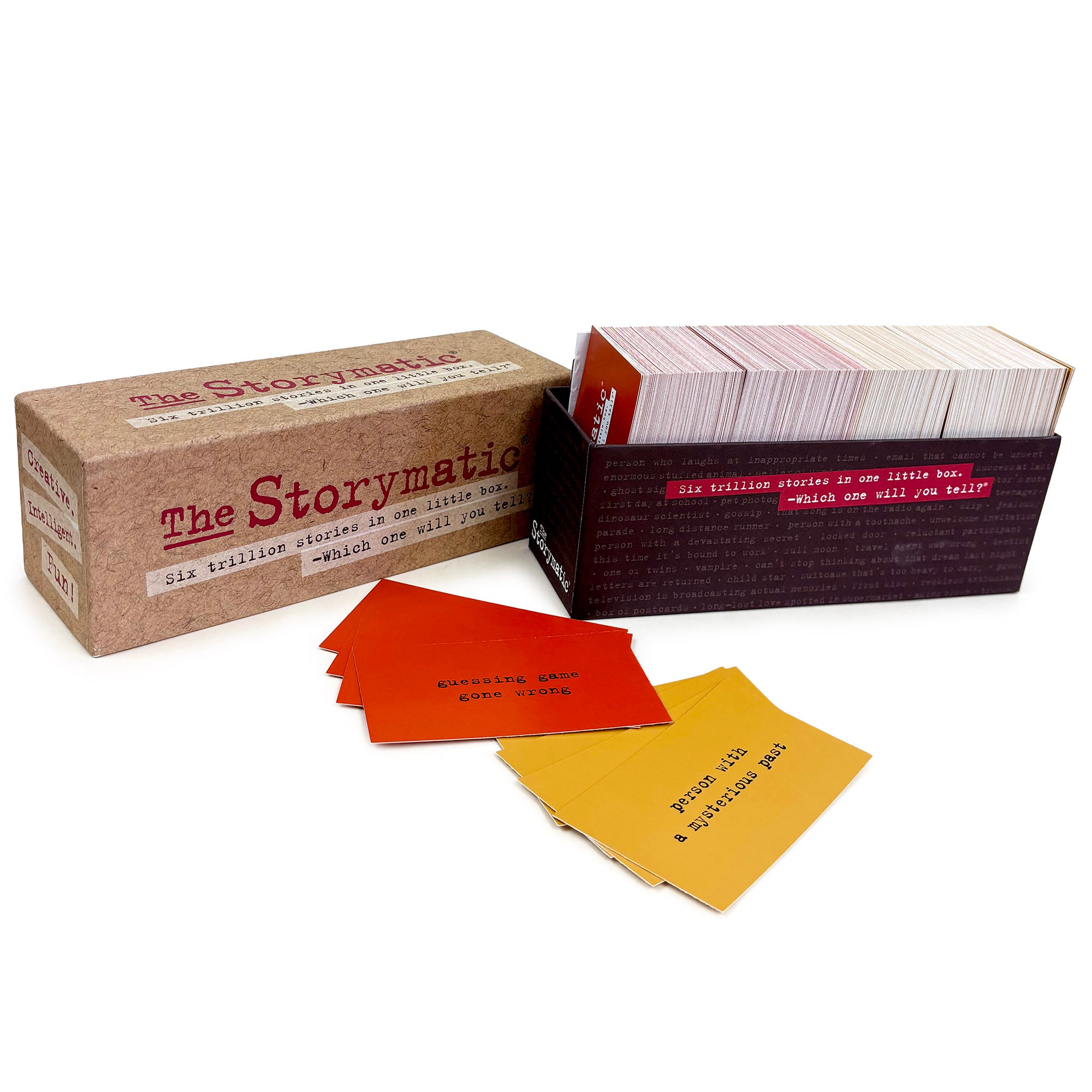 Storytelling card game 'The Storymatic' with cards and box on a white background