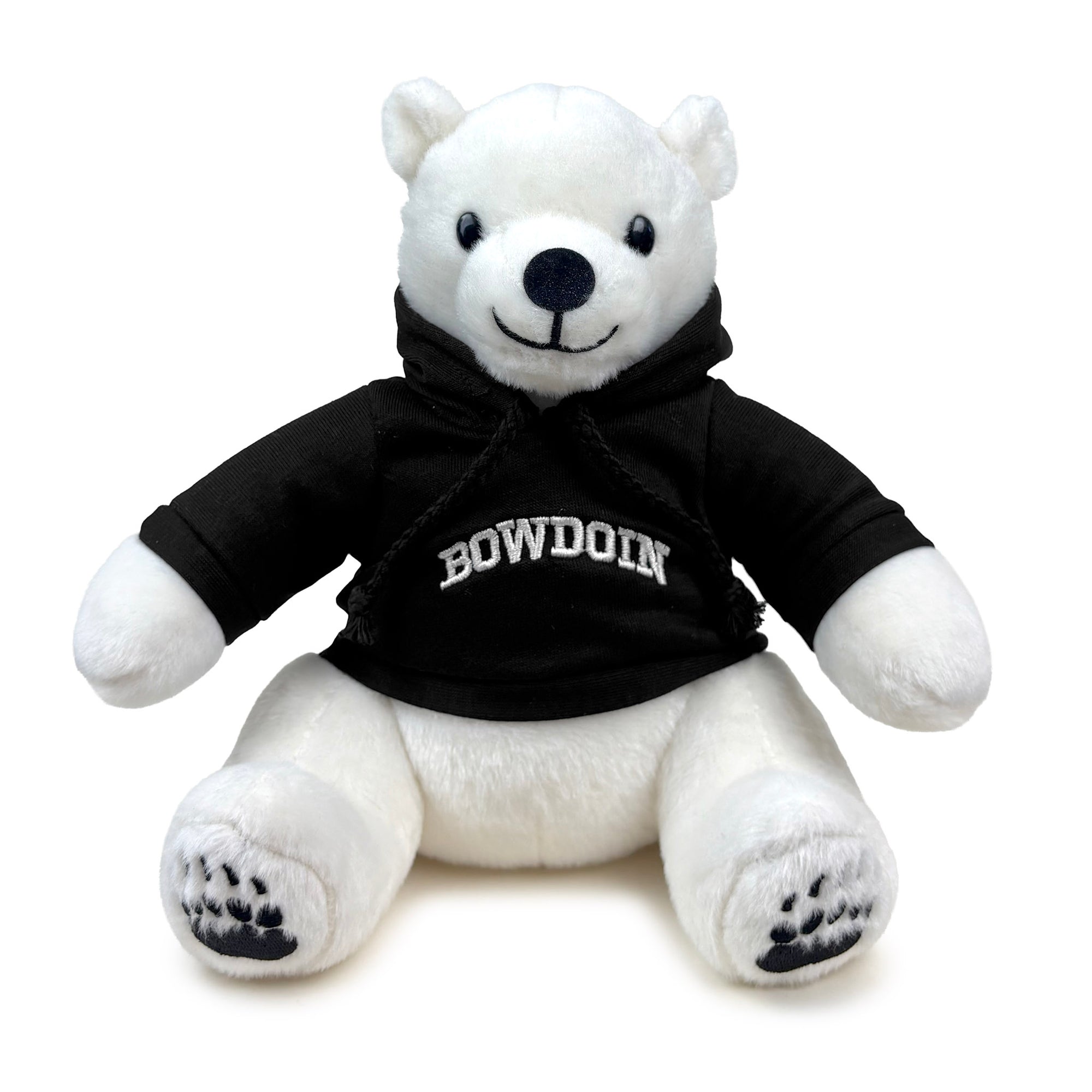 White teddy bear wearing a black hoodie with 'Bowdoin' printed on it, on a white background