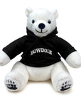 White teddy bear wearing a black hoodie with 'Bowdoin' printed on it, on a white background