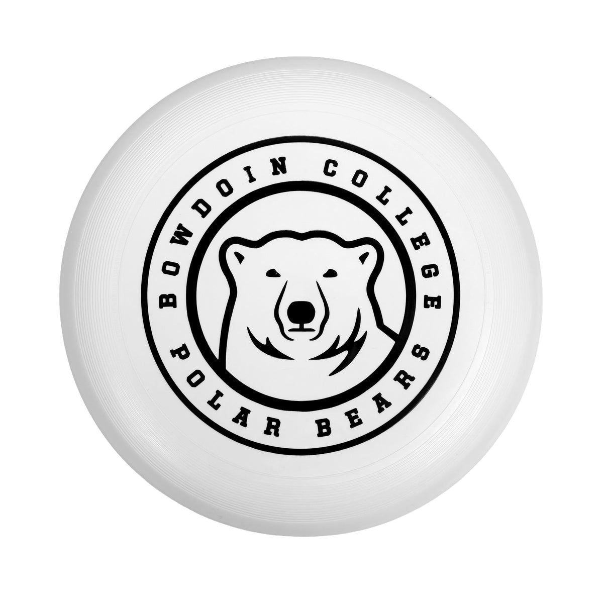 A white flying disc with a black circular graphic featuring a polar bear head and the text 'BOWDOIN COLLEGE POLAR BEARS' around it, shown on a plain white background.