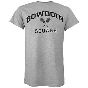 Grey heather tee with black arched chest imprint with white stroke outline of BOWDOIN over two crossed squash rackets over the word squash.