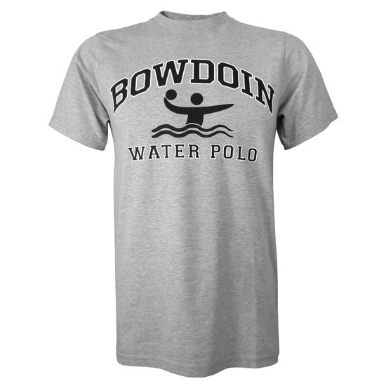 Heather gray short sleeved T-shirt with BOWDOIN arched over an icon of a water polo player and the words WATER POLO underneath.