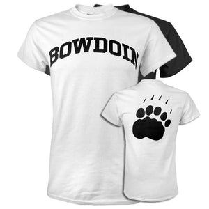 Picture of two different Bowdoin T-shirts, one black, one white. There is also a picture of the back of the white shirt, showing a large black paw print.