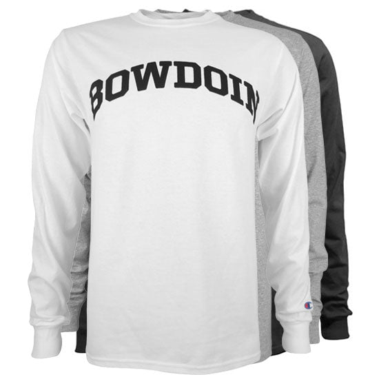 Long sleeved basic Bowdoin tees in white, grey, and black.