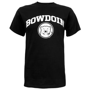 Black t-shirt with white imprint of BOWDOIN arched over polar bear medallion.