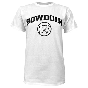 White T-shirt with black imprint of BOWDOIN arched over a polar bear medallion.