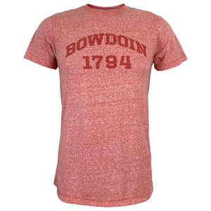 Sunbeam red heather with translucent chest imprint of BOWDOIN curved over 1794.