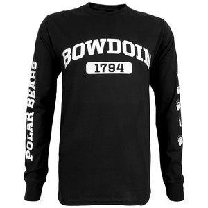 Black long-sleeved T-shirt with white imprint of BOWDOIN arched over 1794 in black in a white box imprint on chest, POLAR BEARS on right sleeve, and paw prints on left sleeve.