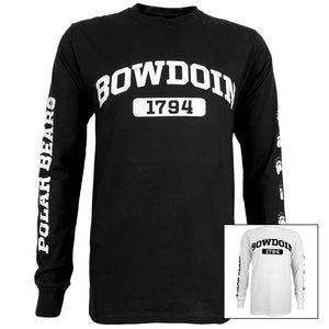 Bowdoin 1794 Basic long-sleeved tee in black and white.