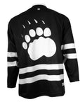 Back view of hockey jersey showing sublimated white paw print imprint on back, above double white stripe.