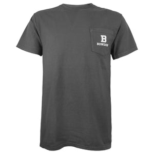 Dark grey short sleeved tee with pocket on left chest. Pocket imprinted with B over BOWDOIN in white.