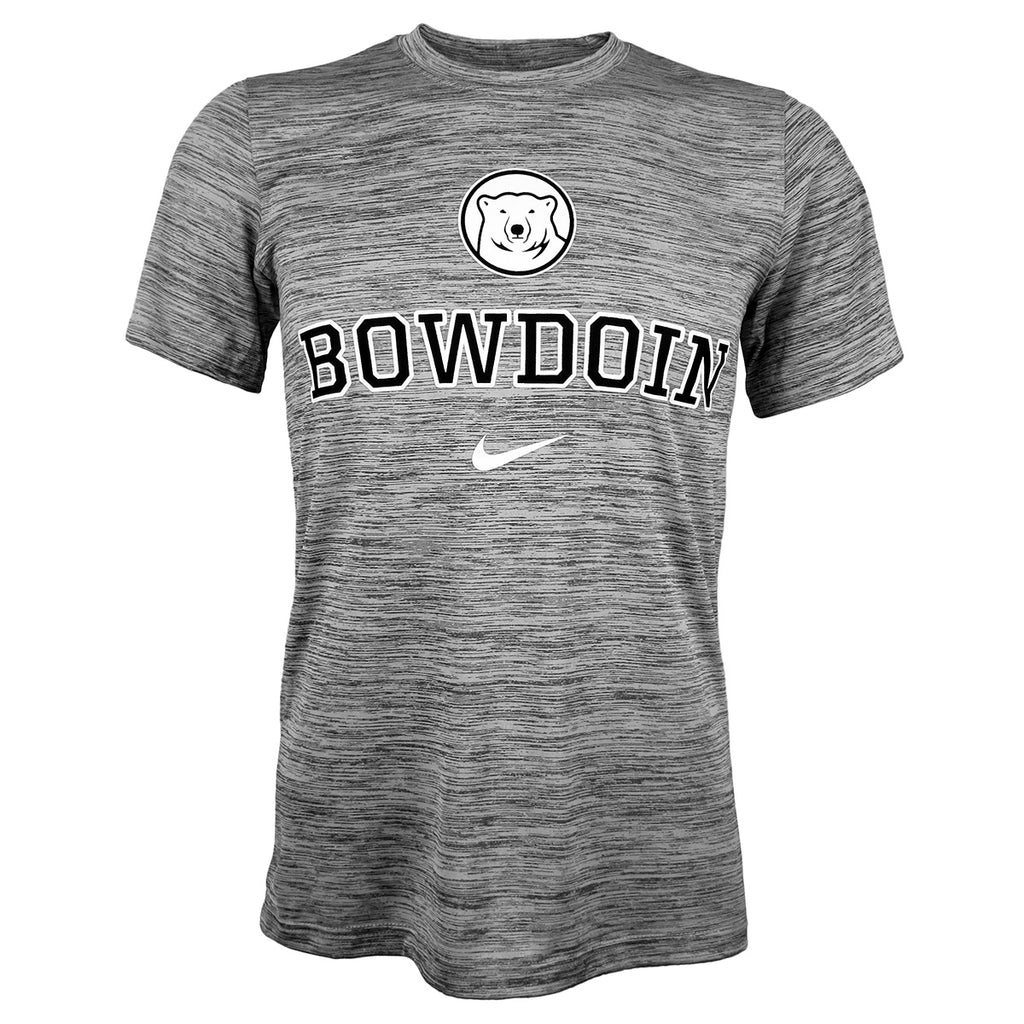 Grey twist-dyed fitted short sleeved tee with chest imprint of mascot medallion over two-color BOWDOIN in black with white outline, over white Nike Swoosh.