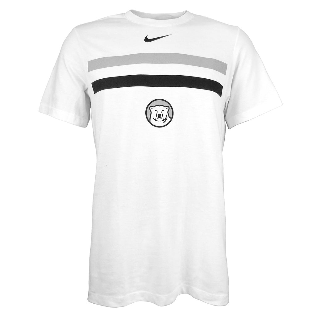 White cotton short-sleeved T-shirt with chest imprint of Nike Swoosh in black, over a thick grey bar, over a thick black bar, over a Bowdoin polar bear mascot medallion.