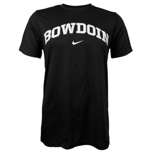 Black short sleeved tee with arched Bowdoin imprint on chest in white with grey outline over white Nike Swoosh.