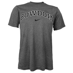 Charcoal heather short sleeved tee with arched Bowdoin imprint on chest in black with white outline over black Nike Swoosh.