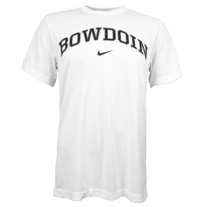 White short sleeved tee with arched Bowdoin imprint on chest in black with gray outline over black Nike Swoosh