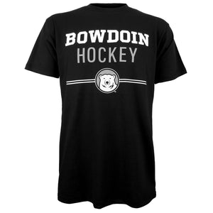 Black short-sleeved tee with imprint of Bowdoin in white athletic logotype over Hockey in grey sans-serif type over two white lines interrupted by polar bear mascot medallion.