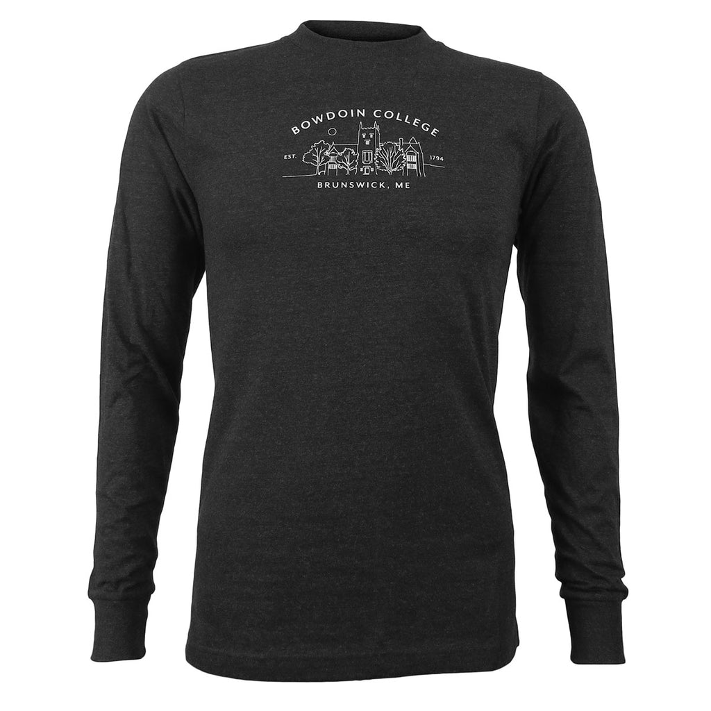 Long-sleeved heather black tee with white line imprint of BOWDOIN COLLEGE arched over drawing of Hubbard Hall with EST 1794 over BRUNSWICK, ME