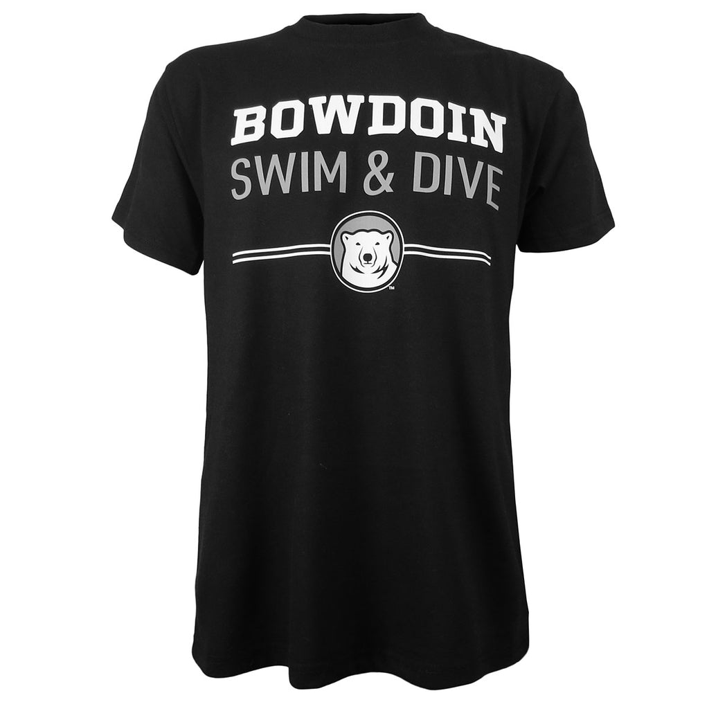 Black short-sleeved tee with imprint of Bowdoin in white athletic logotype over Swim & Dive in grey sans-serif type over two white lines interrupted by polar bear mascot medallion.