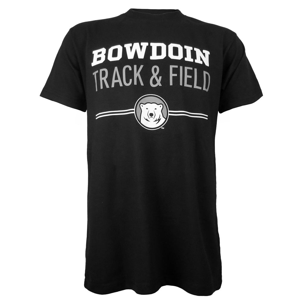 Black short-sleeved tee with imprint of Bowdoin in white athletic logotype over Track & Field in grey sans-serif type over two white lines interrupted by polar bear mascot medallion.