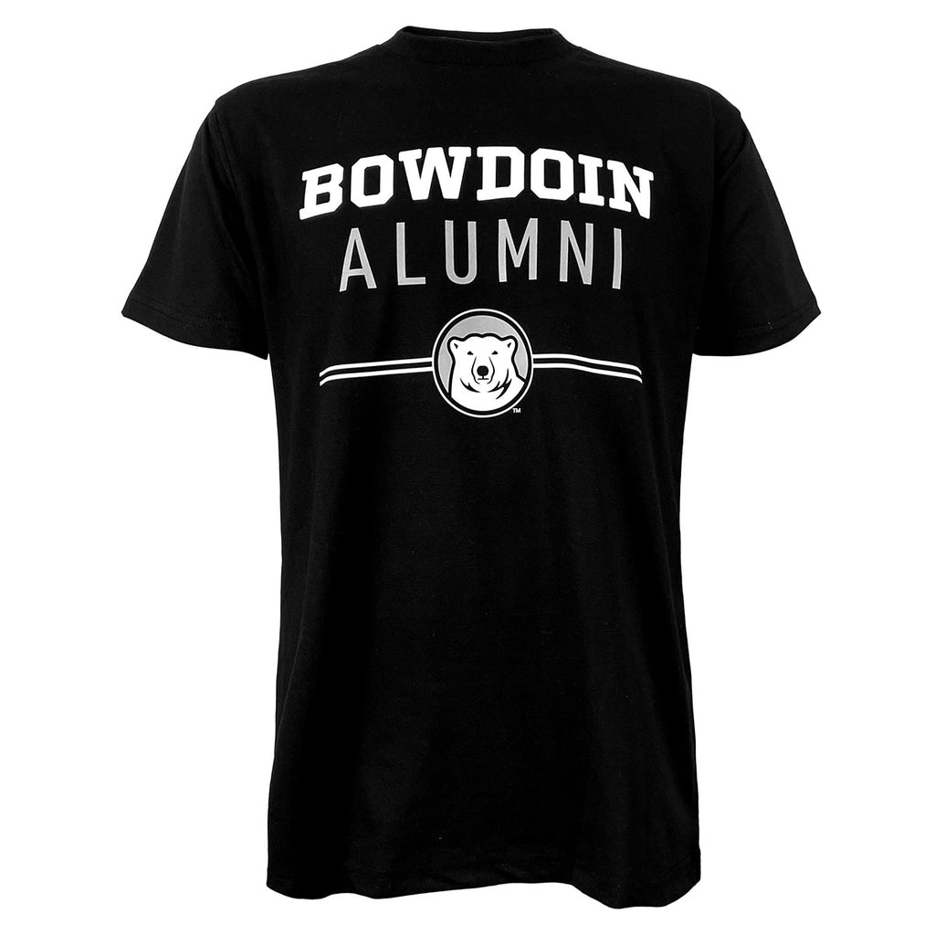 Black short-sleeved tee with imprint of Bowdoin in white athletic logotype over ALUMNI in grey sans-serif type over two white lines interrupted by polar bear mascot medallion.