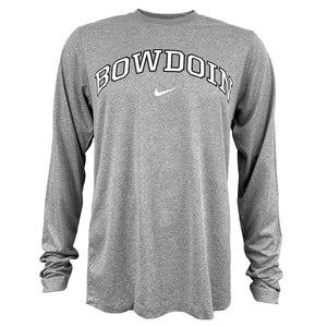 Heather grey long sleeved tee with arched Bowdoin imprint on chest in black with white outline over black Nike Swoosh.