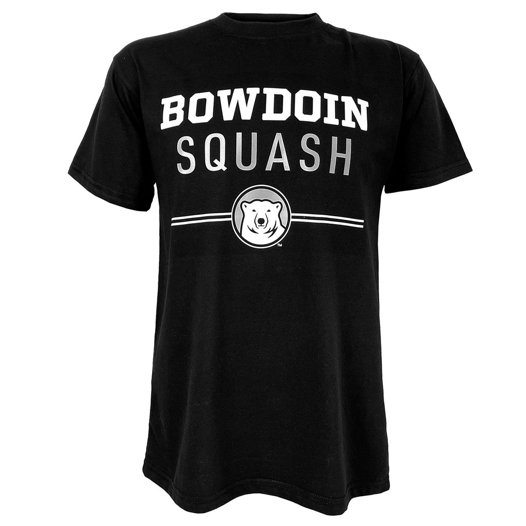 Black short-sleeved tee with imprint of Bowdoin in white athletic logotype over SQUASH in grey sans-serif type over two white lines interrupted by polar bear mascot medallion.