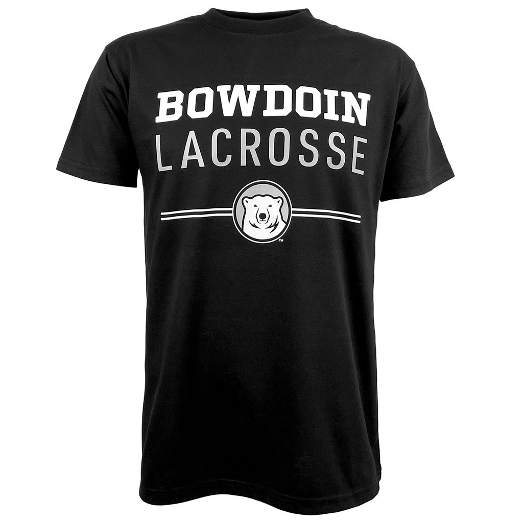 Black short-sleeved tee with imprint of Bowdoin in white athletic logotype over Lacrosse in grey sans-serif type over two white lines interrupted by polar bear mascot medallion.