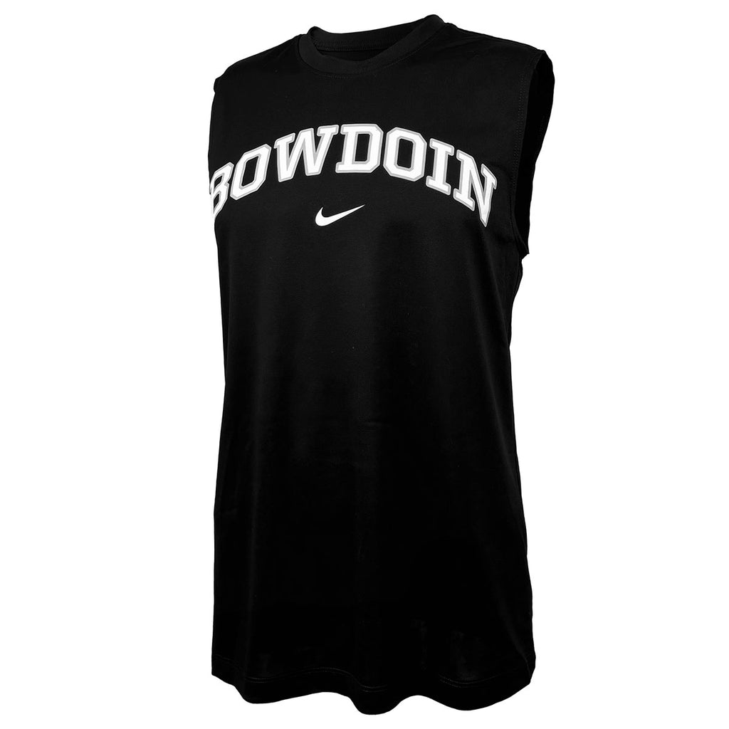 Black sleeveless tee with arched Bowdoin imprint on chest in white with grey outline over white Nike Swoosh.
