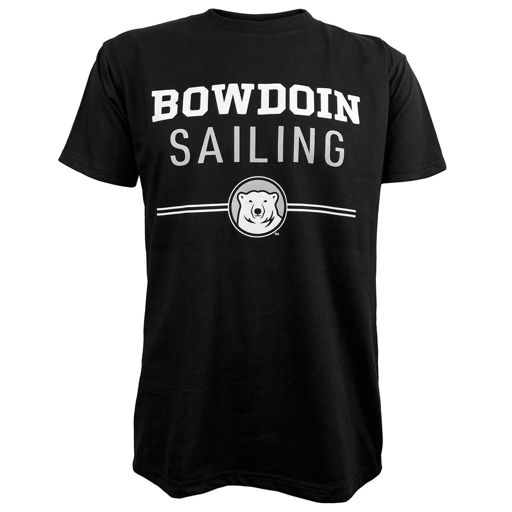 Black short-sleeved tee with imprint of Bowdoin in white athletic logotype over Sailing in grey sans-serif type over two white lines interrupted by polar bear mascot medallion.