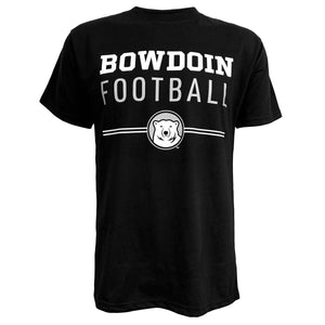 Black short-sleeved tee with imprint of Bowdoin in white athletic logotype over FOOTBALL in grey sans-serif type over two white lines interrupted by polar bear mascot medallion.