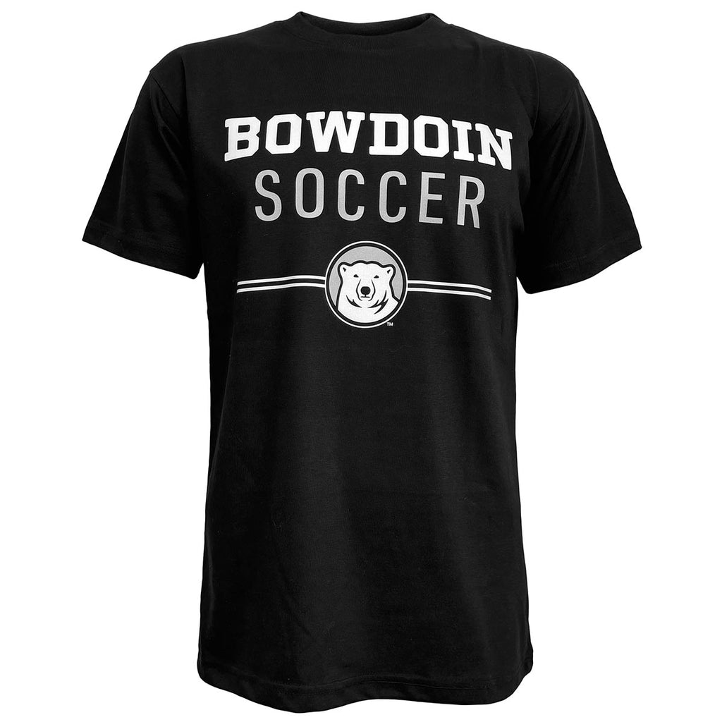 Black short-sleeved tee with imprint of Bowdoin in white athletic logotype over SOCCER in grey sans-serif type over two white lines interrupted by polar bear mascot medallion.