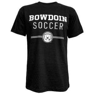 Black short-sleeved tee with imprint of Bowdoin in white athletic logotype over SOCCER in grey sans-serif type over two white lines interrupted by polar bear mascot medallion.