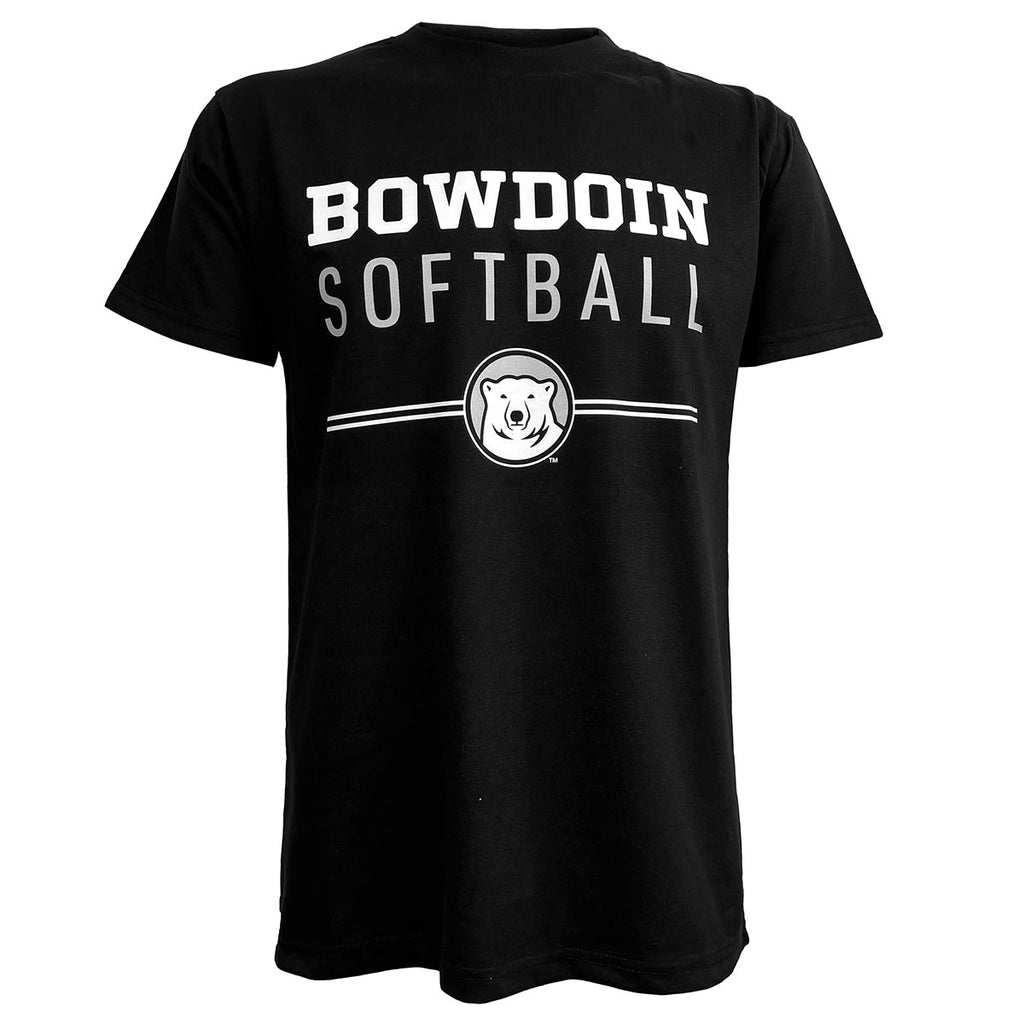 Black short-sleeved tee with imprint of Bowdoin in white athletic logotype over SOFTBALL in grey sans-serif type over two white lines interrupted by polar bear mascot medallion.