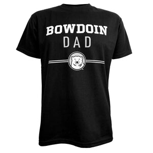 Black short-sleeved tee with imprint of Bowdoin in white athletic logotype over DAD in grey sans-serif type over two white lines interrupted by polar bear mascot medallion.