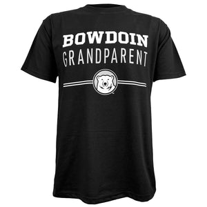 Black short-sleeved tee with imprint of Bowdoin in white athletic logotype over GRANDPARENT in grey sans-serif type over two white lines interrupted by polar bear mascot medallion.