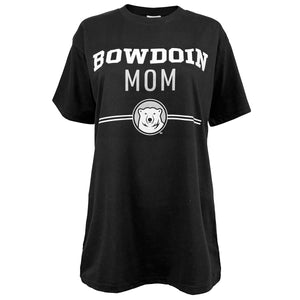 Black short-sleeved tee with imprint of Bowdoin in white athletic logotype over MOM in grey sans-serif type over two white lines interrupted by polar bear mascot medallion.