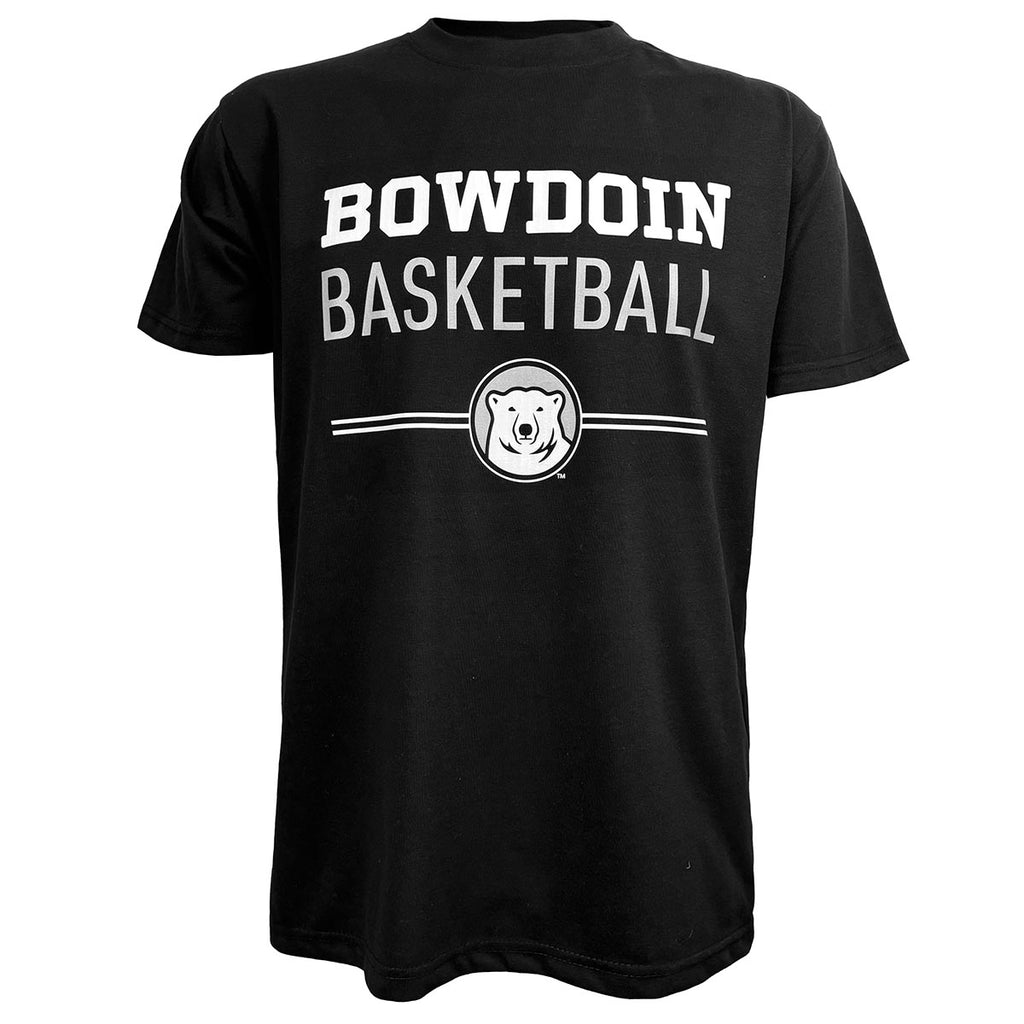 Black short-sleeved tee with imprint of Bowdoin in white athletic logotype over BASKETBALL in grey sans-serif type over two white lines interrupted by polar bear mascot medallion.