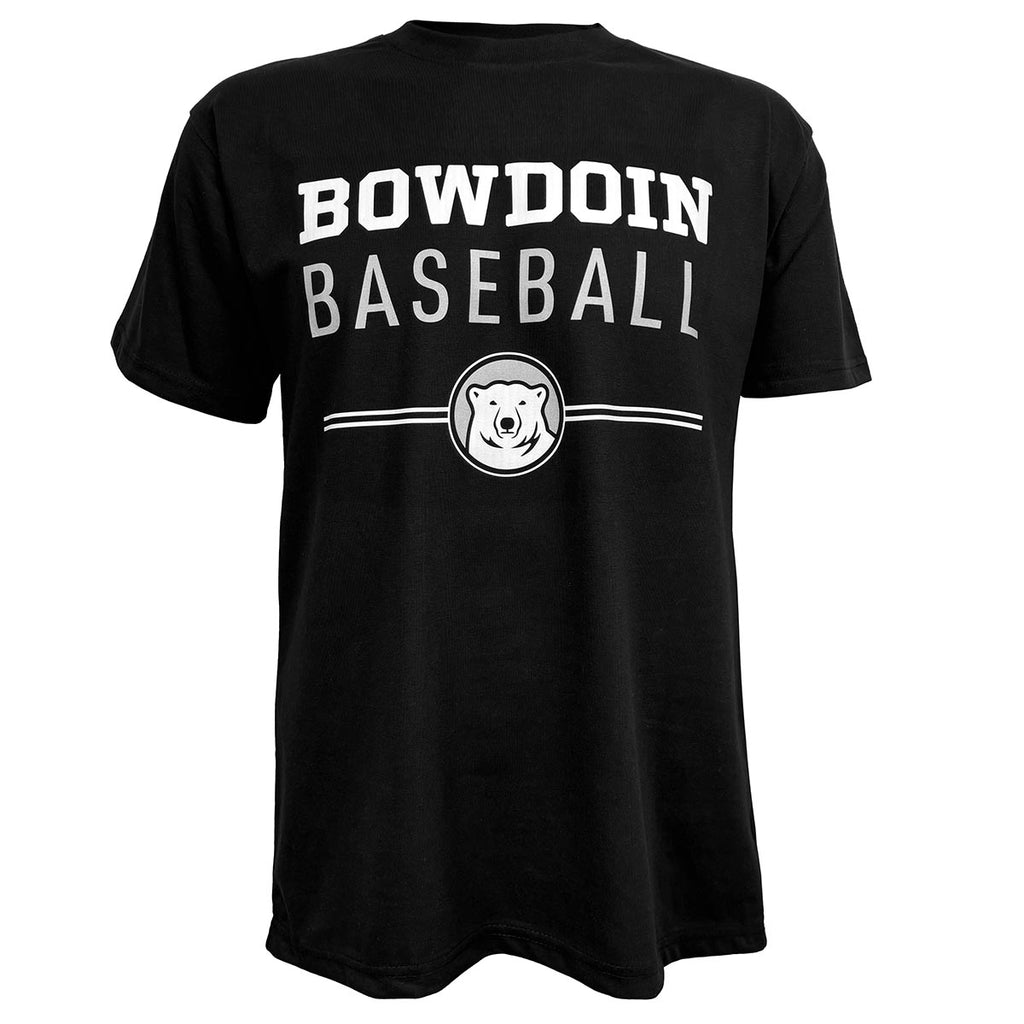 Black short-sleeved tee with imprint of Bowdoin in white athletic logotype over BASEBALL in grey sans-serif type over two white lines interrupted by polar bear mascot medallion.