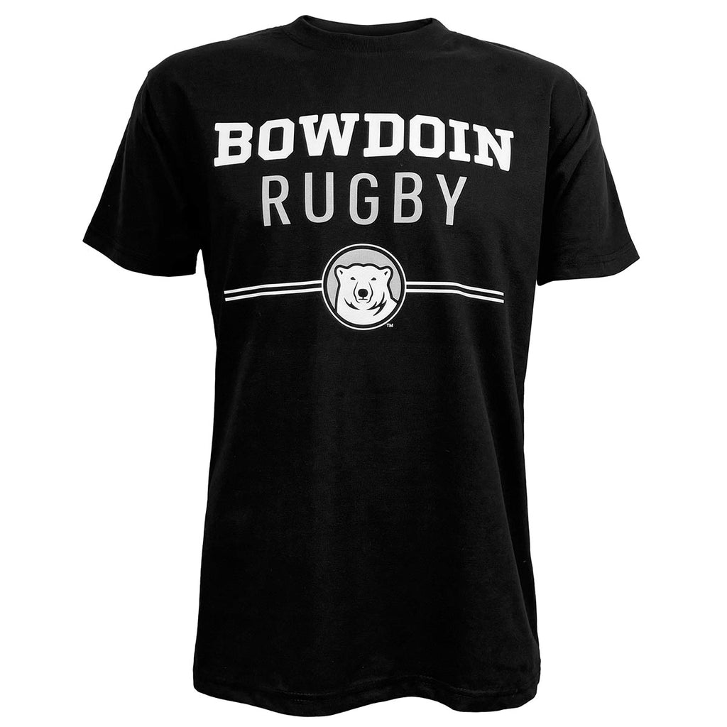 Black short-sleeved tee with imprint of Bowdoin in white athletic logotype over RUGBY in grey sans-serif type over two white lines interrupted by polar bear mascot medallion.