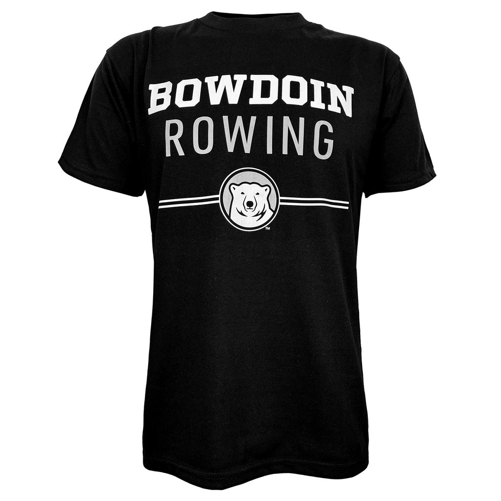 Black short-sleeved tee with imprint of Bowdoin in white athletic logotype over ROWING in grey sans-serif type over two white lines interrupted by polar bear mascot medallion.