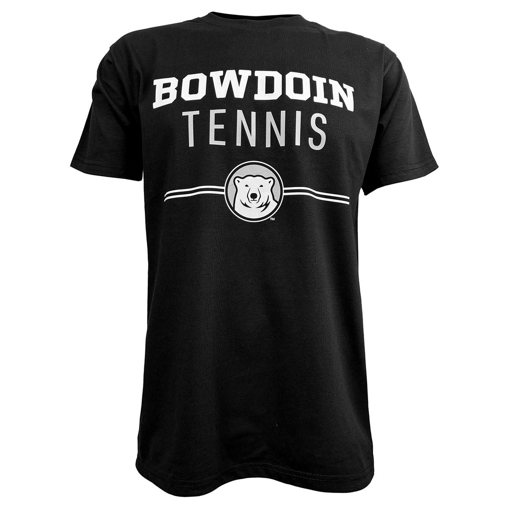 Black short-sleeved tee with imprint of Bowdoin in white athletic logotype over TENNIS in grey sans-serif type over two white lines interrupted by polar bear mascot medallion.