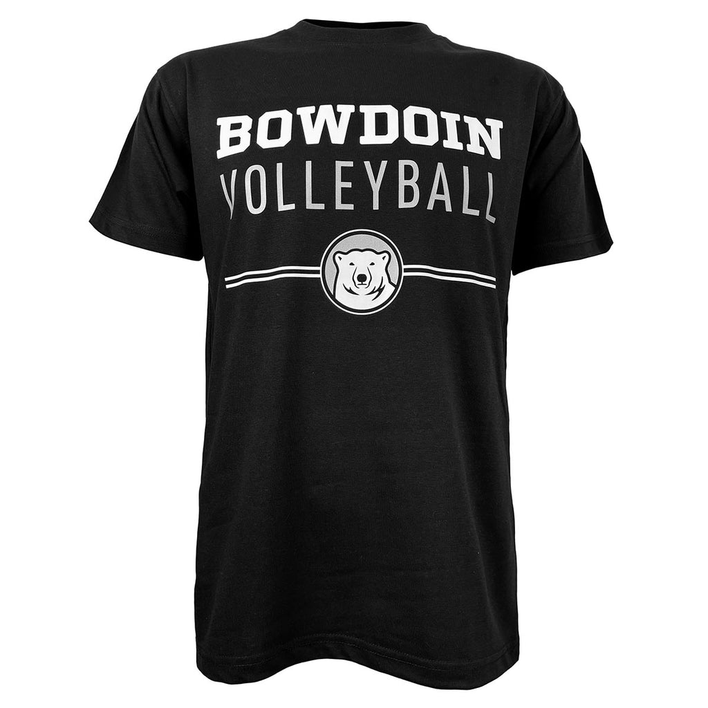 Black short-sleeved tee with imprint of Bowdoin in white athletic logotype over VOLLEYBALL in grey sans-serif type over two white lines interrupted by polar bear mascot medallion.