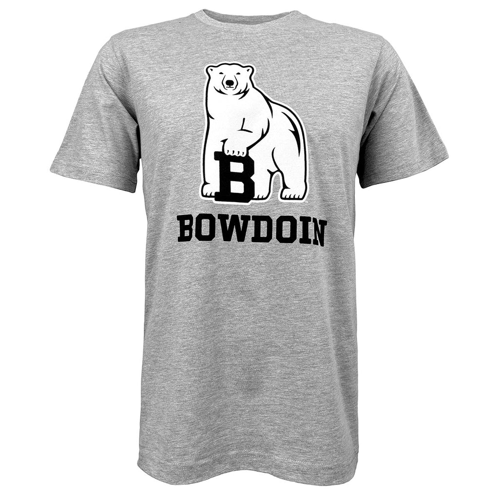 Heather grey short sleeved tee with large chest imprint of polar bear mascot over BOWDOIN in black logotype.