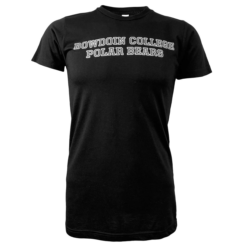 Slim-fit short sleeved black t-shirt with BOWDOIN COLLEGE over POLAR BEARS chest imprint in grey with a white stroke outline.