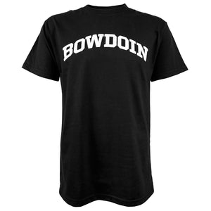 Black short sleeved t-shirt with white arched BOWDOIN imprint on chest.