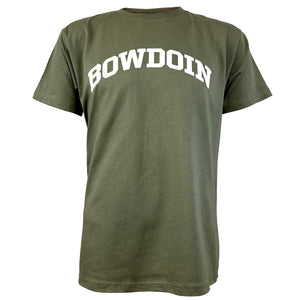 Olive green short sleeved t-shirt with white arched BOWDOIN imprint on chest.