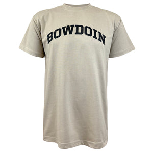 Atmosphere beige short sleeved t-shirt with black arched BOWDOIN imprint on chest.