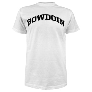 White short sleeved t-shirt with black arched BOWDOIN imprint on chest.