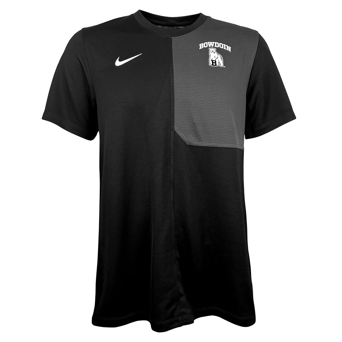 Black and gray athletic shirt with Nike logo and 'Bowdoin' branding on a white background